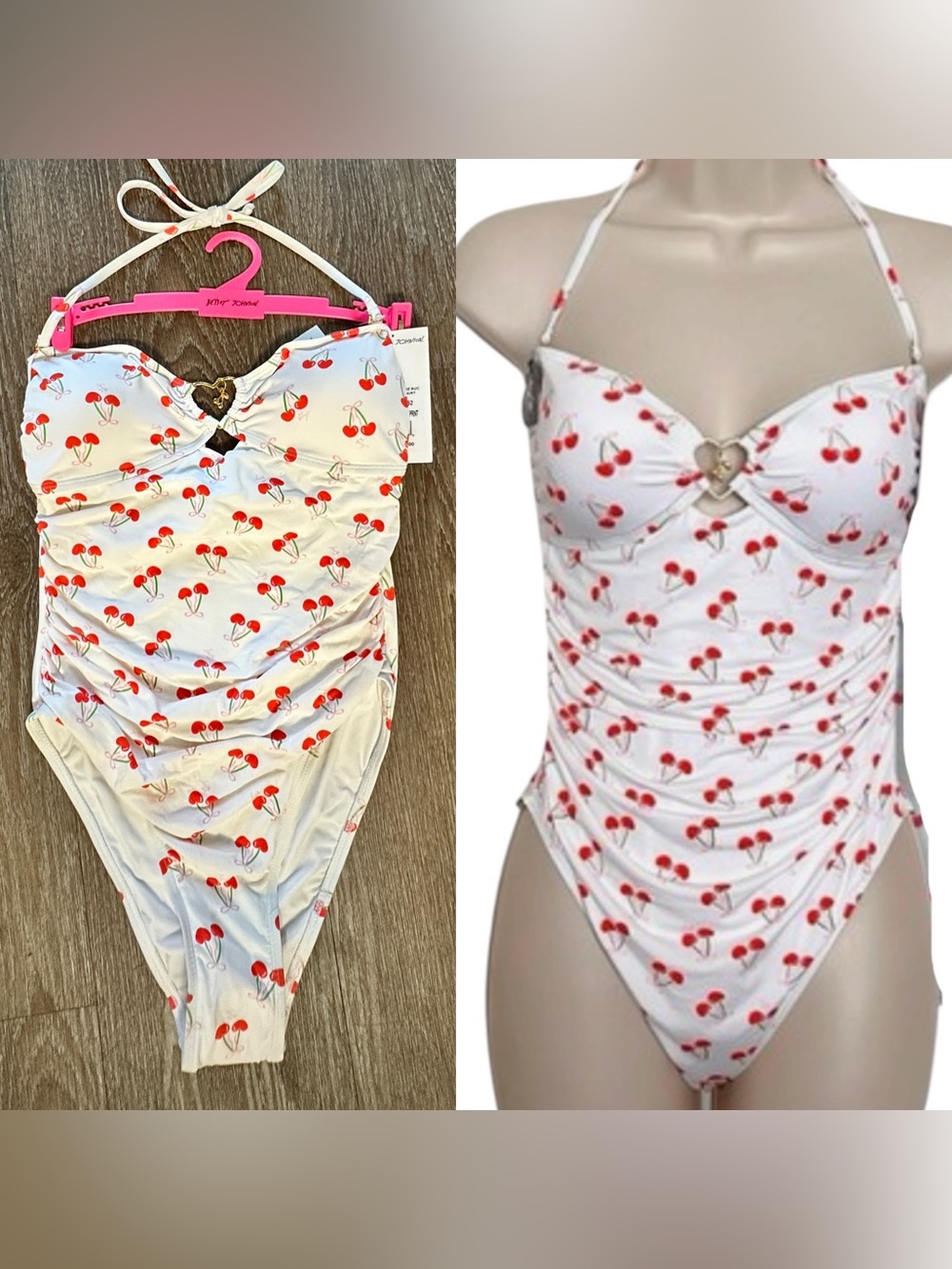 Betsey Johnson 1PC BANDEAU SIDE RUCHING SWIMSUIT Bow and Cherry Print Size Small